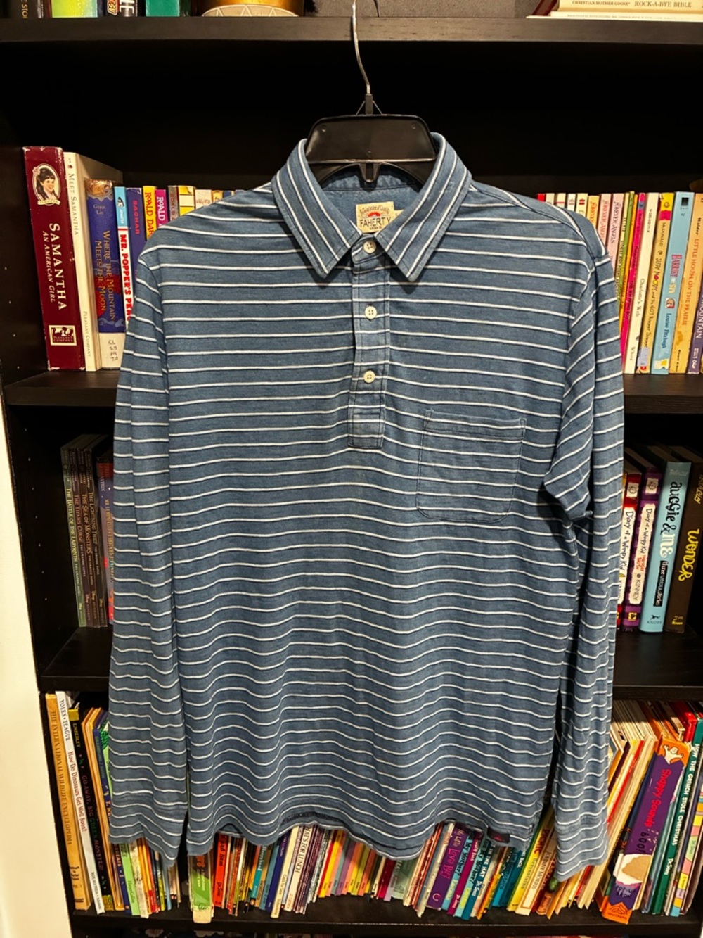 Faherty Men's Small Long-Sleeve Blue & White Striped Polo